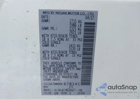 2017 Nissan Pathfinder S из США, поврежденный, VIN 5N1DR2MM0HC678141